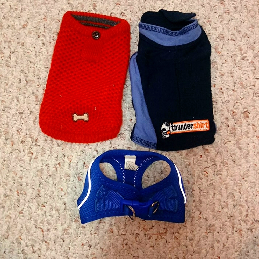 Puppy harness, sweater, Thudershirt lot